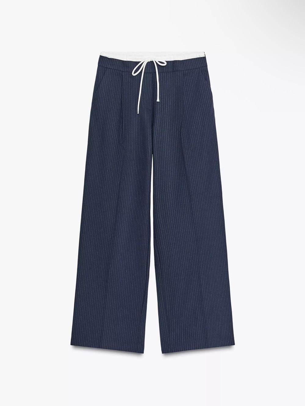Zara Navy Pinstripe Wide-Leg Trousers with White Drawstring